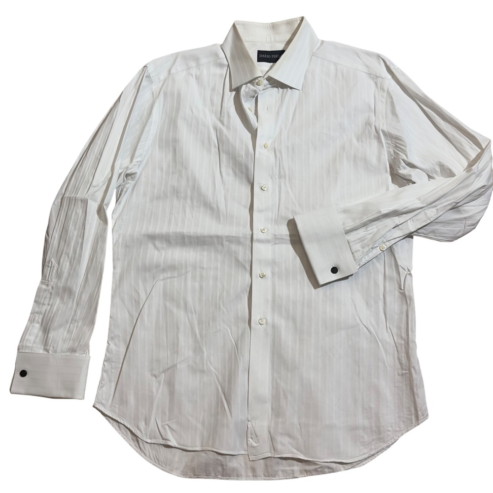 Dario Perla Custom Made‎ White Striped Dress Shirt French Cuff Mens